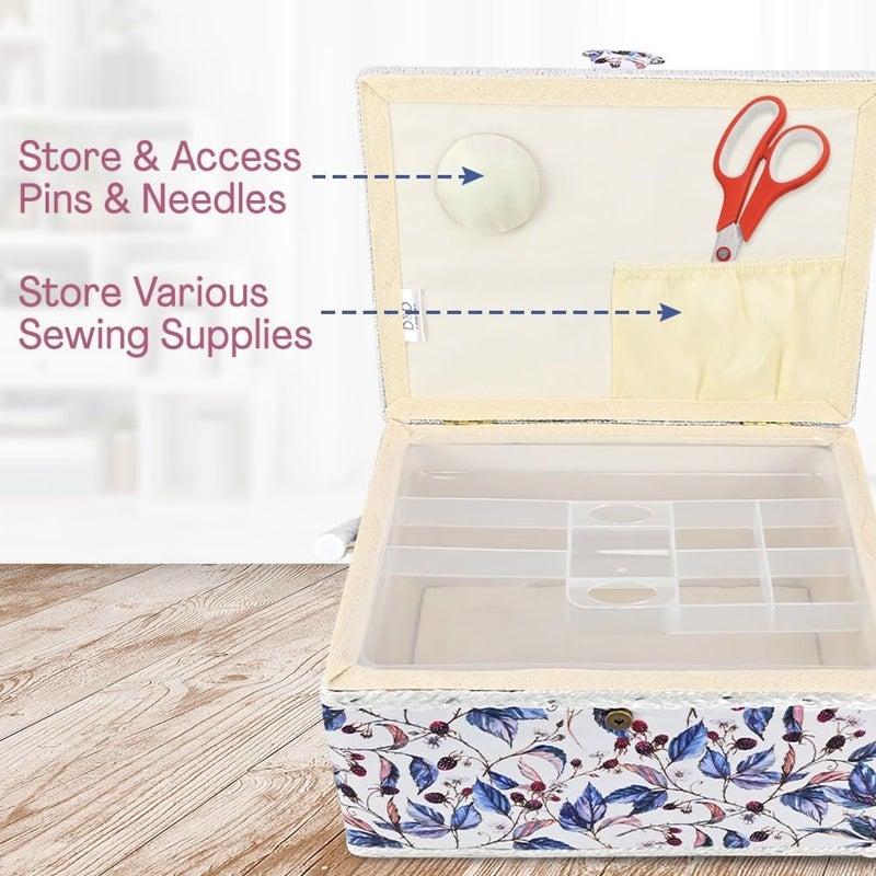 COMFECTO Sewing Basket with Blue Red Floral Print Design, Empty Vintage Sewing Box for Sewing Supplies with Removable Tray Built-In Pin Cushion Interior Pocket - Image 5